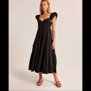 Abercrombie & Fitch Ruffle Sleeve Poplin Black Midaxi Dress
